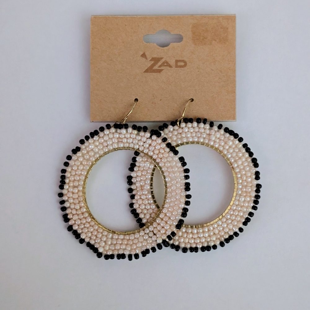 ZAD Cream and Black Beaded Circle Earrings